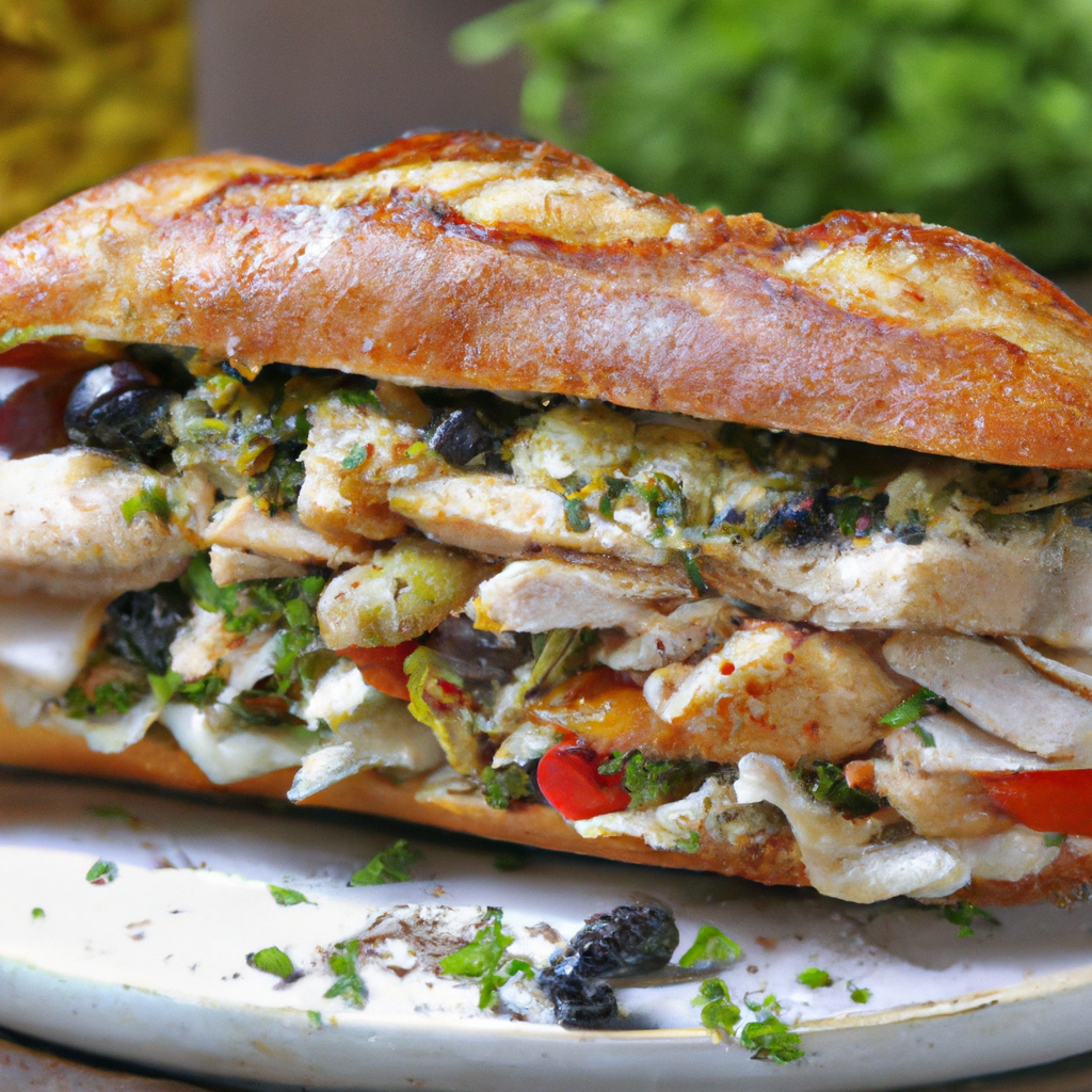 This satisfying Roast Chicken Pan Bagnat with Olive Tapenade and Goat Cheese Sandwich is an explosion of flavor! The combination of the Ciabatta Bun, Olive Tapenade, Roast Chicken, and Goat Cheese creates a savoury taste that delights the palate. Best paired with a light IPA, the Roast Chicken Pan Bagnat with Olive Tapenade and Goat Cheese Sandwich is sure to be enjoyed by all!