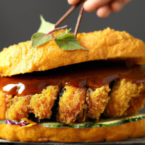 The Deliciously Crunchy Japanese Steak Katsu Sandwich is an explosion of sweet and savory flavors. The steaks are dipped in a flavorful panko mixture made with olive oil and spices for a crunchy outer layer that complements the juicy and tender meat. The fresh ingredients such as shredded red cabbage, grated carrot, sesame oil and garlic mayonnaise, give the sandwich a bright and vibrant flavor. To complete the perfect meal, pair with a light and citrusy Lager beer. Deliciously Crunchy Japanese Steak Katsu Sandwich - it's the perfect way to enjoy the best of Eastern cuisine!