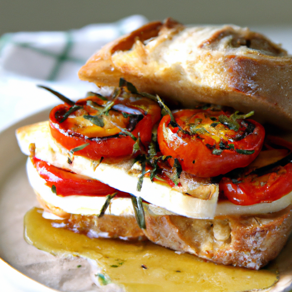 This Grilled Tomato Brie and Rosemary Ciabatta Sandwich is a delicious way to enjoy a warm and savory lunch. The gooey melted brie and savory tomato, rosemary and olive oil flavors combine to make a melt-in-your-mouth sandwich experience that can't be replicated. The crunchy ciabatta bun perfectly rounds out the flavor profile. Enjoy this sandwich with a crisp pale ale for the perfect lunchtime meal!