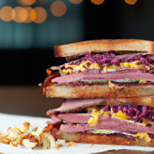 The True Montreal Smoked Meat Sandwich is a deliciously complex sandwich that is sure to tantalize your taste buds. Layers of toasted rye bread, sharp Swiss cheese, tangy sauerkraut, sweet red onions, and smoky Montreal smoked meat is sure to delight. Enjoy with a cold, crisp Pilsner beer and you’re in for a treat!