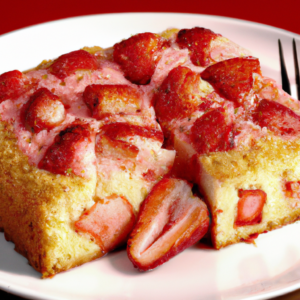 This Delightful Strawberry Spring Cake is sure to be a hit on a warm spring day! The sweet, fresh strawberry chunks bake up in the spongy buttercake, providing a tang to the subtle sweetness of cinnamon and brown sugar. The dark gold exterior is moist and crunchy all at once, begging you to take a big bite! Serve warm with a glass of Viognier and family or friends will be sure to be delighted!