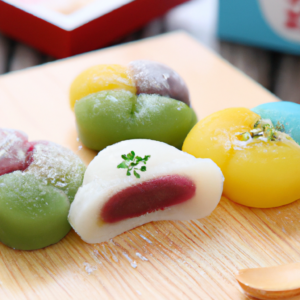 This delectable Fruity Mochi Recipe is easy to make and fun to eat! This delicacy consists of glutinous rice flour, cocoa powder, coconut milk, sugar, red bean paste, diced fruit, and matcha. The mochi is cooked in a preheated oven and allowed to cool before serving. With the strong underlying flavors of red bean and matcha, the sweet taste of fruity notes elevates this recipe to a delightful and tantalizing experience. Enjoy with a Zinfandel to complete the meal!