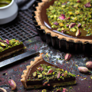 This Dark Chocolate Pistachio Fudge Tart is a delightful recipe that is sure to please. The combination of crunchy pistachios, creamy dark chocolate, and slightly sweet brandy is heavenly. The tart crust is lightly golden and a perfect vehicle for the creamy fudge mixture. It's perfect for a simple weeknight meal, or can be dressed up for a party. Paired with a lightly sweet Moscato wine, this dessert will be the talk of the table. Enjoy every last bite of this yummy Dark Chocolate Pistachio Fudge Tart!