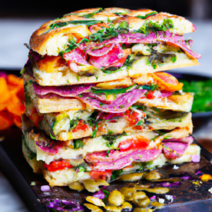 This Grilled Foccacia Muffaletta Sandwich is a hearty and delicious meal or snack that is as delicious as it is filling! A combination of salami, pickled vegetables, hummus, and pesto on hearty focaccia makes this sandwich complex and intriguing with every bite. To complete this perfect meal, the kölsch beer helps to bring out the best of the flavors of this sandwich. Enjoy this amazing sandwich for lunch or dinner!