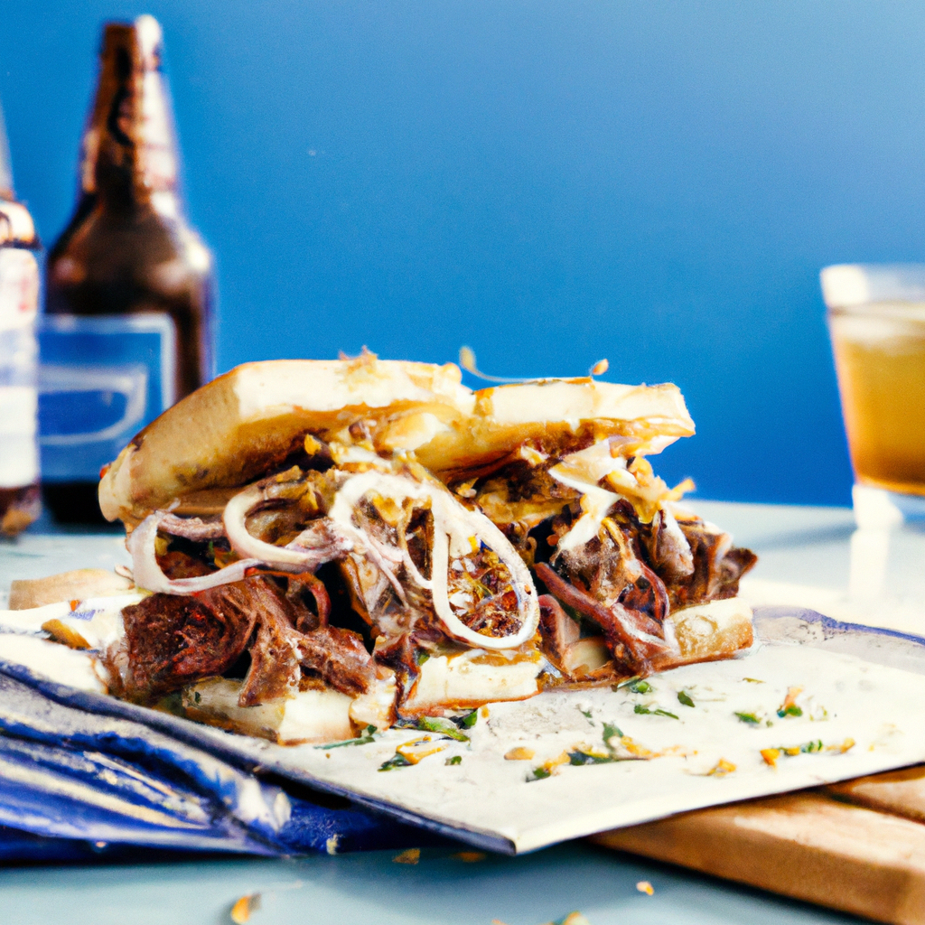 This tantalizing sandwich is packed full of flavor! The scrumptious brisket is paired with sautéed beer onions and creamy blue cheese. The juicy beef, sweet onions and rich cheese are toasted perfectly between two slices of fragrant onion focaccia. Experience all these flavors as you cut into this juicy sandwich. A crisp American Pale Ale will tie it all together and smooth out the bold flavors of this sandwich. Enjoy!