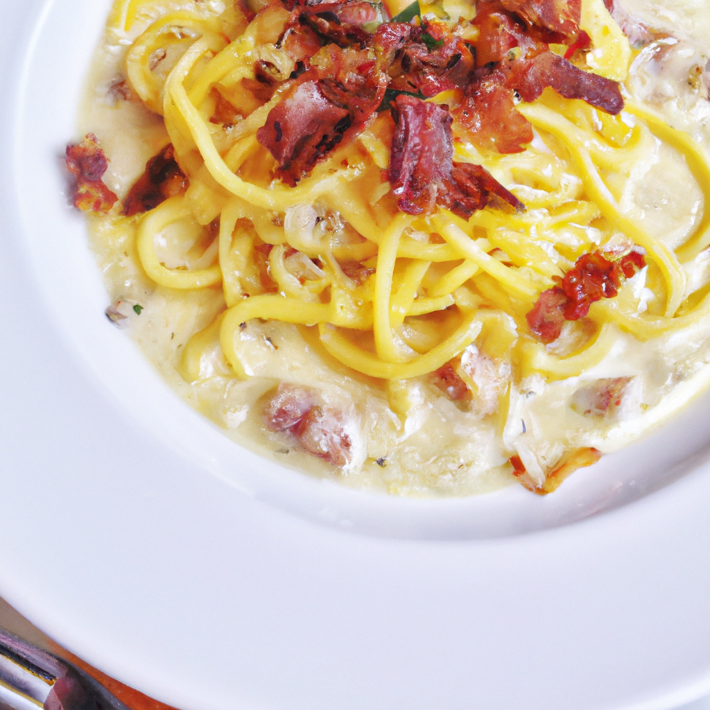 Spaghetti alla carbonara is the ultimate Italian comfort food! Deliciously cooked spaghetti tossed with garlic and onion, crispy bacon and lightly cooked eggs with a parmesan cheese. This dish has a great balance of flavors and textures, taking basic ingredients and bringing them together to create a flavorful and hearty meal. All of your favorite flavors in one dish to be enjoyed with a glass of light Pinot Grigio!