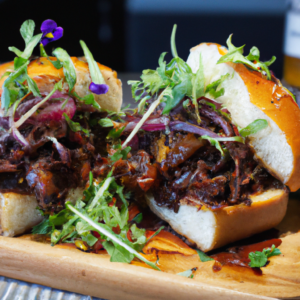 These succulent, flavorful BBQ Beef Short Rib Sandwiches will bring your taste buds to life! The tender, marinated beef short ribs combined with sweet BBQ sauce nestled into soft, toasty brioche buns and topped off with some fresh parsley, red onion, arugula and blue cheese will give your sandwich an explosion of flavor. Enjoy these juicy sandwiches with a cold West Coast style IPA for the perfect summer meal!