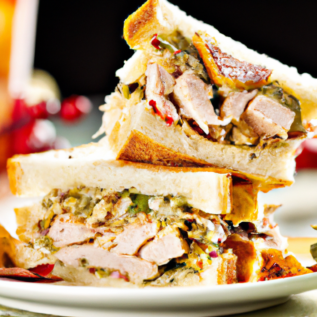 Warm, flavorful and comforting, this Turkey Stuffing Club Sandwich will bring all the flavor of a Thanksgiving feast into one delicious bite! Enjoy the tartness of the chutney, the richness of the Muenster cheese, and the savory flavor of stuffing and turkey, all combined on two toasted slices of buttery sourdough. Accompanied with a hoppy, citrusy West Coast style IPA, this flavorful sandwich will be a delightful end to your Thanksgiving leftovers!