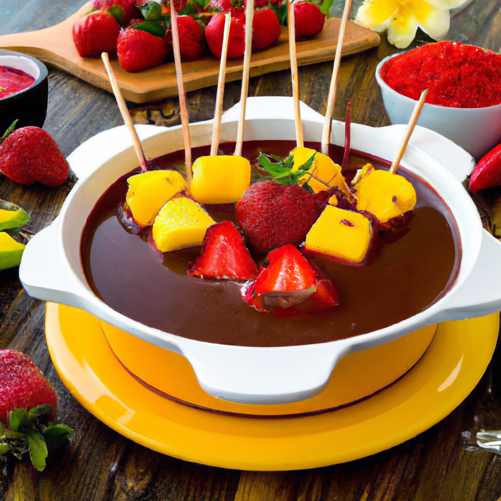 This family friendly fondue dessert is a decadent delight you won’t want to miss, with the combination of sweet strawberries and mangoes meshing with the decadent dark chocolate and the crunch of coconut flakes. The tangy notes of lime adds a subtle citrus flavor. Serve with fresh fruits such as strawberries and pineapple for the perfect dessert for a cozy night in. Enjoy with a glass of Pinot Noir for the ultimate indulgence!