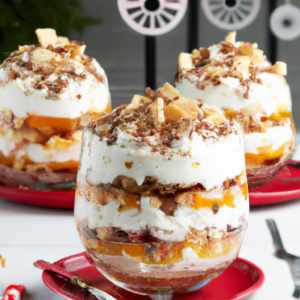 This fantastically creamy Cream Cheese Food Trifle recipe is a delicious mixture of tart and sweet. With its delicious layers of Graham Cracker Crust, Cream Cheese, Whipped Topping, and Butterscotch and Caramel Sauce with mini-chocolate chips and raspberries, this trifle is sure to become your go-to special occasion dessert! It pairs great with a sweet Bärenjäger Honey liqueur, making this trifle a delightful end to any meal.