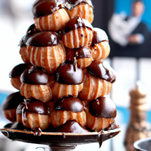 This delectable, chocolate croquembouche will make any special occasion that much sweeter! Rich, dark chocolate is blended with silky smooth cream and sandwiched between crisp, buttery biscuits. Each mini cake is then dunked in warm, gooey caramel, creating a heavenly concoction that's sure to satisfy any sweet tooth. Perfect for holidays or birthdays, this decadent dessert will leave a lasting impression. Enjoy it with a glass of Italian Pinot Grigio for a truly indulgent experience!