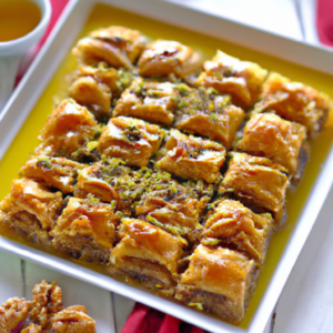 Gooey and Nutty Baklava is a Middle Eastern dessert that is guaranteed to please any sweet tooth. This recipe features delicious layers of butter-brushed phyllo dough, drizzled with warm honey, and sprinkled with a sweet and fragrant combination of walnuts, brown sugar, cinnamon and nutmeg. The perfect accompaniment to this delicious dessert is a glass of robust Zinfandel. Enjoy!