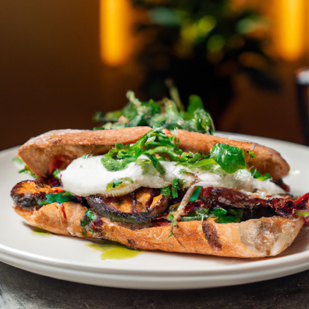 This delicious Fire-Roasted Eggplant Milanese Sandwich with Burrata, Arugula, and Ciabatta is a beautiful combination of flavors and textures. The smokiness of the roasted eggplant complements the freshness of the burrata cheese and the spicy arugula. The nuttiness of the couscous, Parmesan, and olive oil all come together in the sandwich. Paired with a light saison or Belgian wheat beer, this sandwich is sure to be a hit!