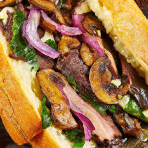 This Grilled Asiago, Flank Steak, and Portabello Ciabatta Sandwich is an easy-to-make, delicious sandwich bursting with flavor! A classic pressing of ciabatta topped with juicy flank steak, savory asiago cheese, tender portabello mushrooms, red onion, and spinach makes for a mouth-watering meal. Enjoy the sandwich with a fresh, crisp lager or a light pilsner for an extra pop of flavor!