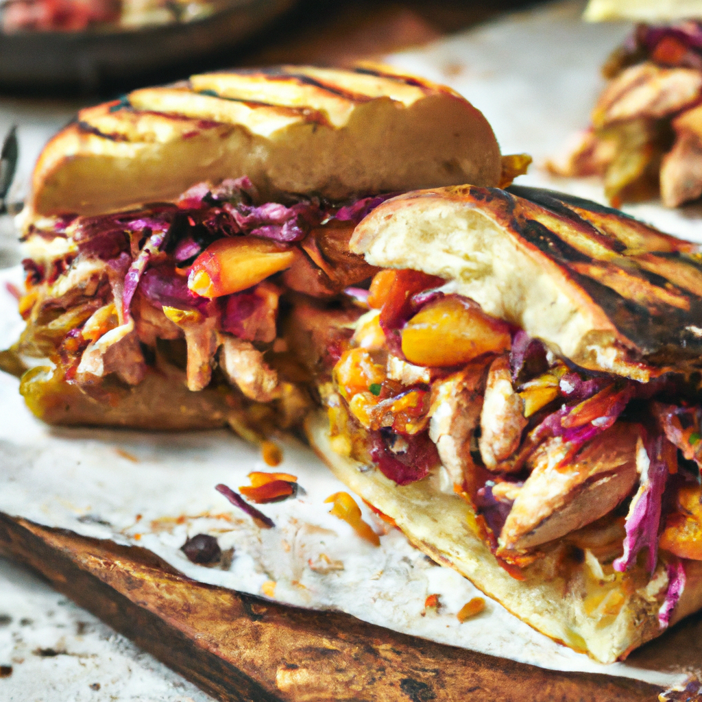 Grilled Bourbon Peach BBQ Chicken Sandwich with Spicy Slaw and Pickles on Focaccia