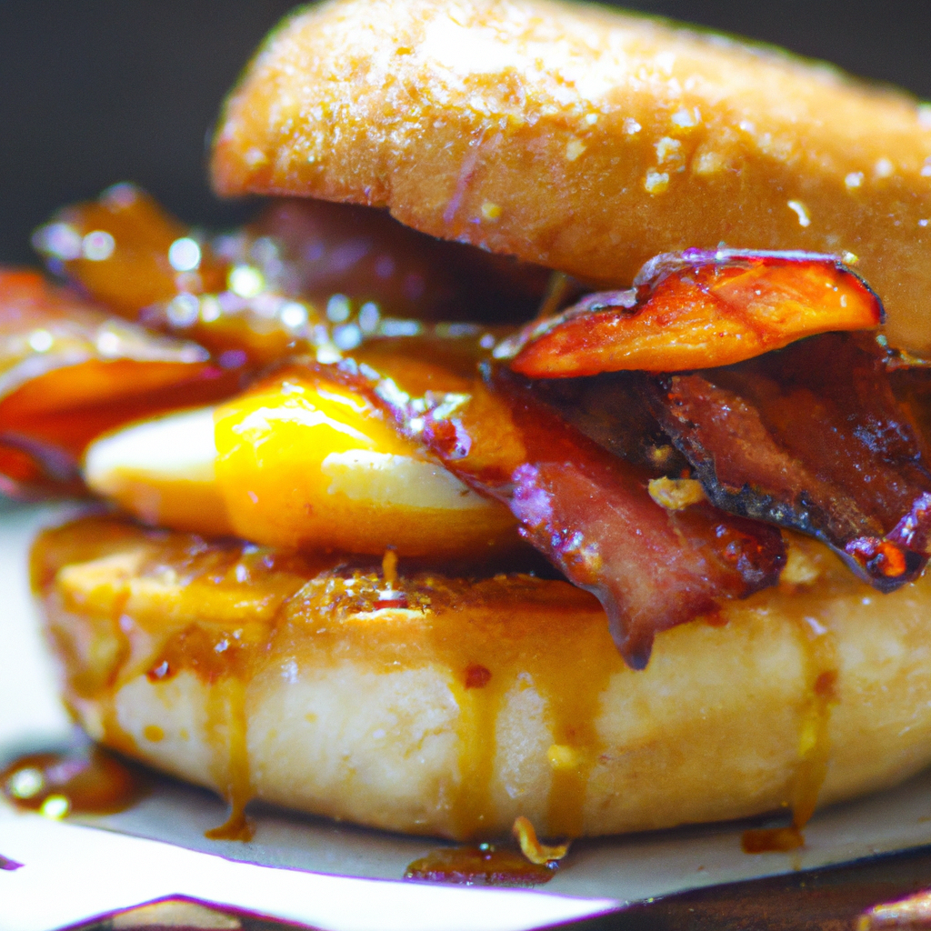 Our Sweet & Salty Candied Maple Bacon & Egg Sandwich with Bourbon Caramel Sauce, the result of the listed recipe.