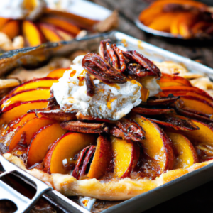 Our Fire-Roasted Peach Tart with Candied Pecans and Bourbon Honey Mascarpone Cream, the result of the listed recipe.