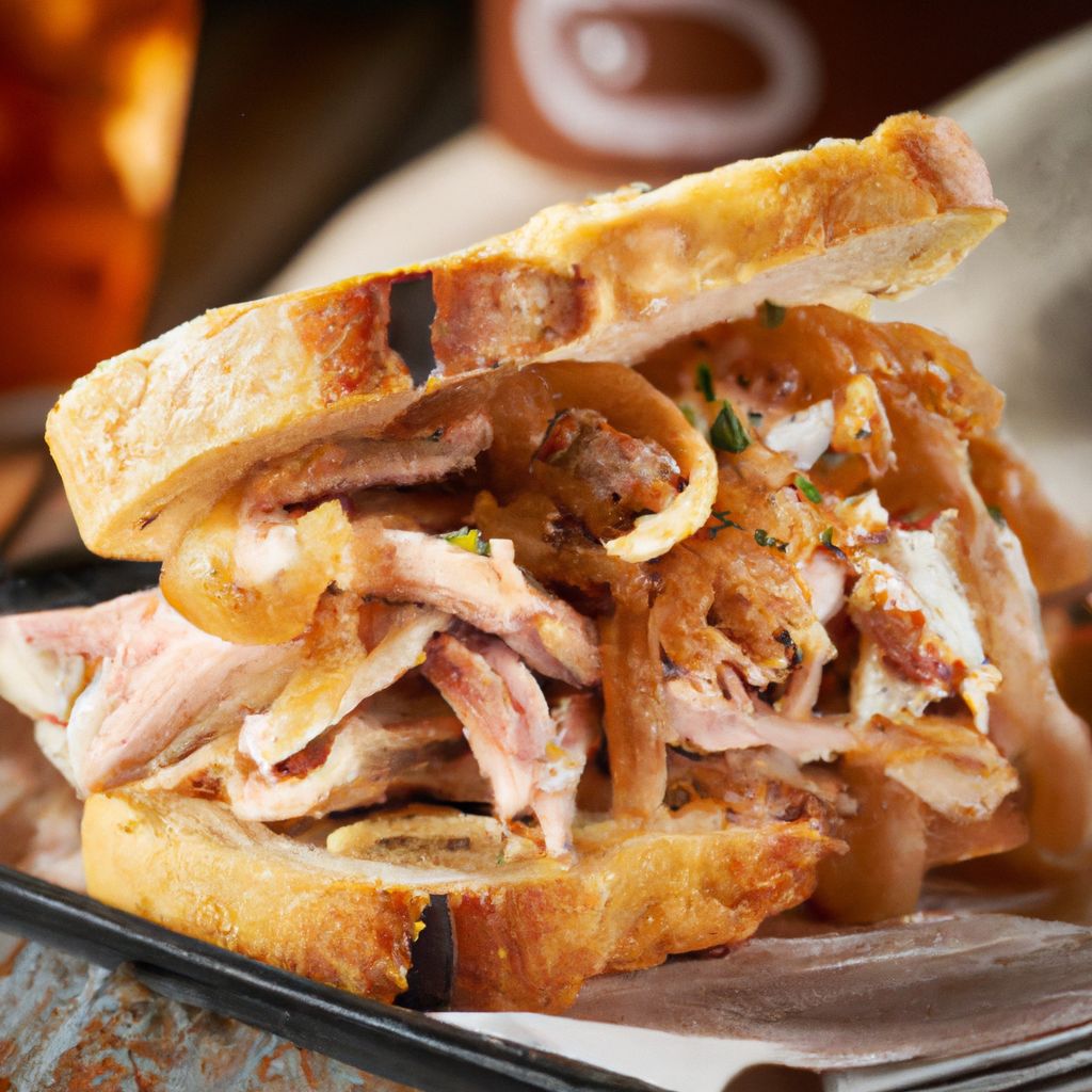 Our Smoked Turkey & Goats Cheese Sandwich with Crispy Onions and Sausage Gravy, the result of the listed recipe.