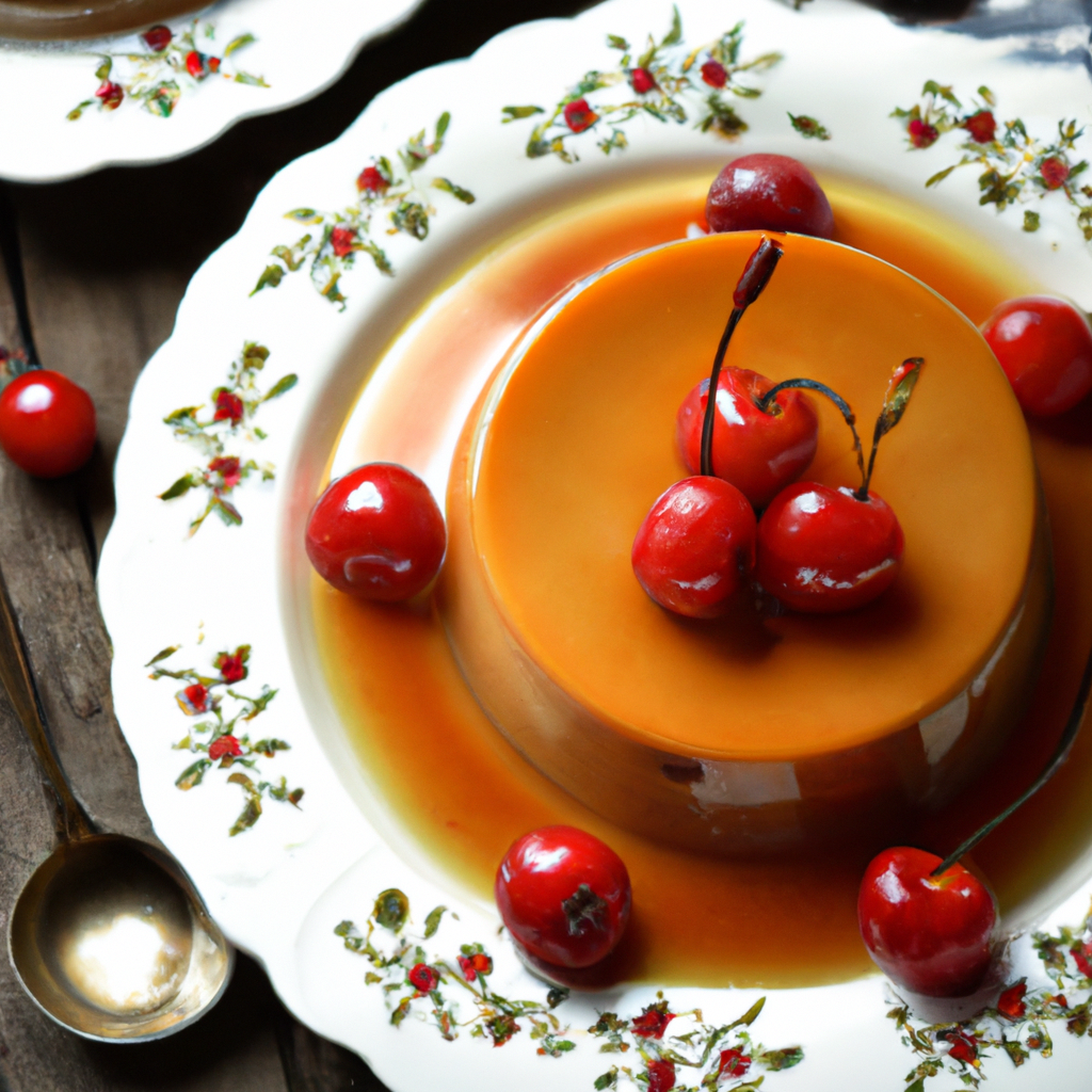 Our Mouthwatering Butterscotch-Cherry Flan, the result of the listed recipe.
