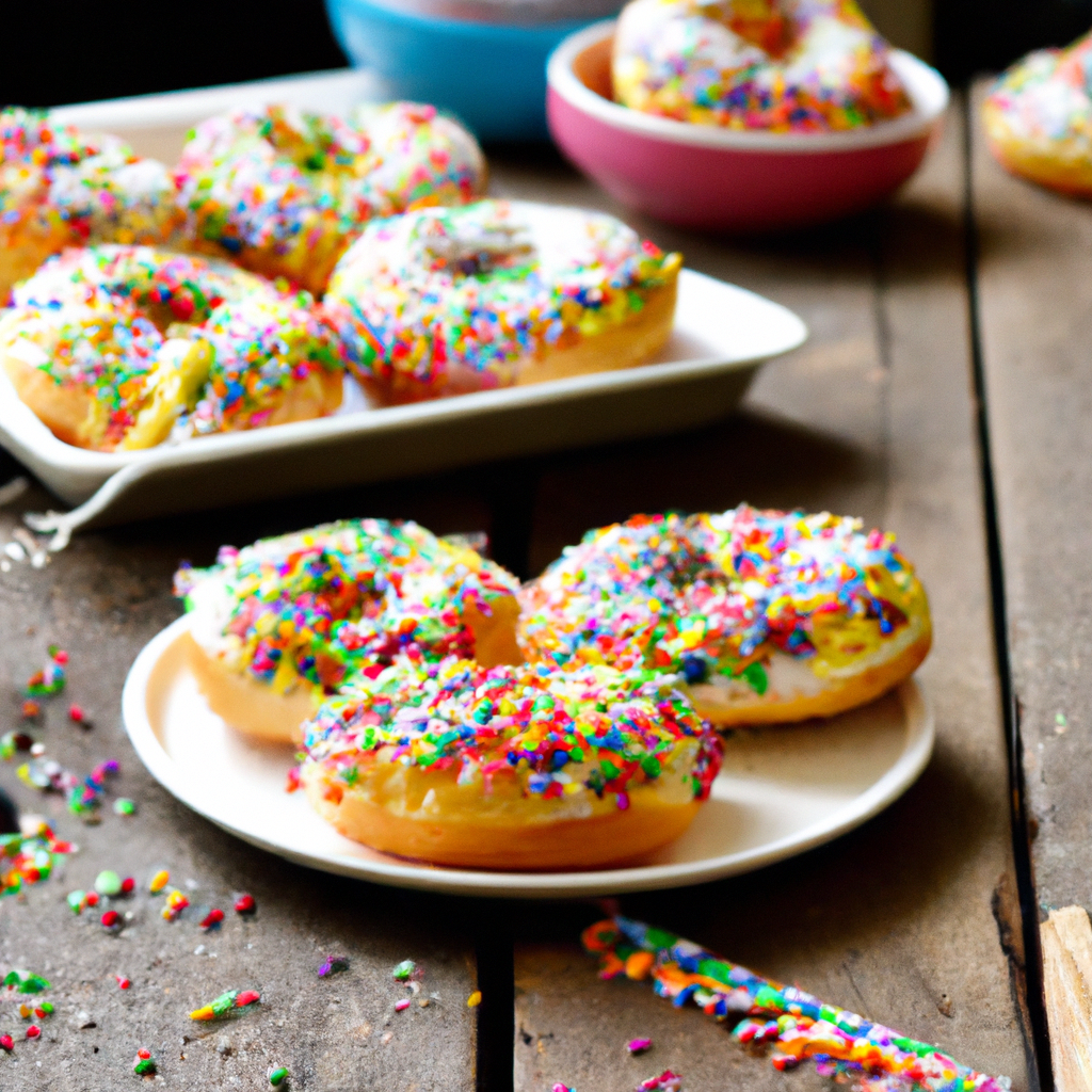 Our Rainbow Sprinkle Donuts, the result of the listed recipe.