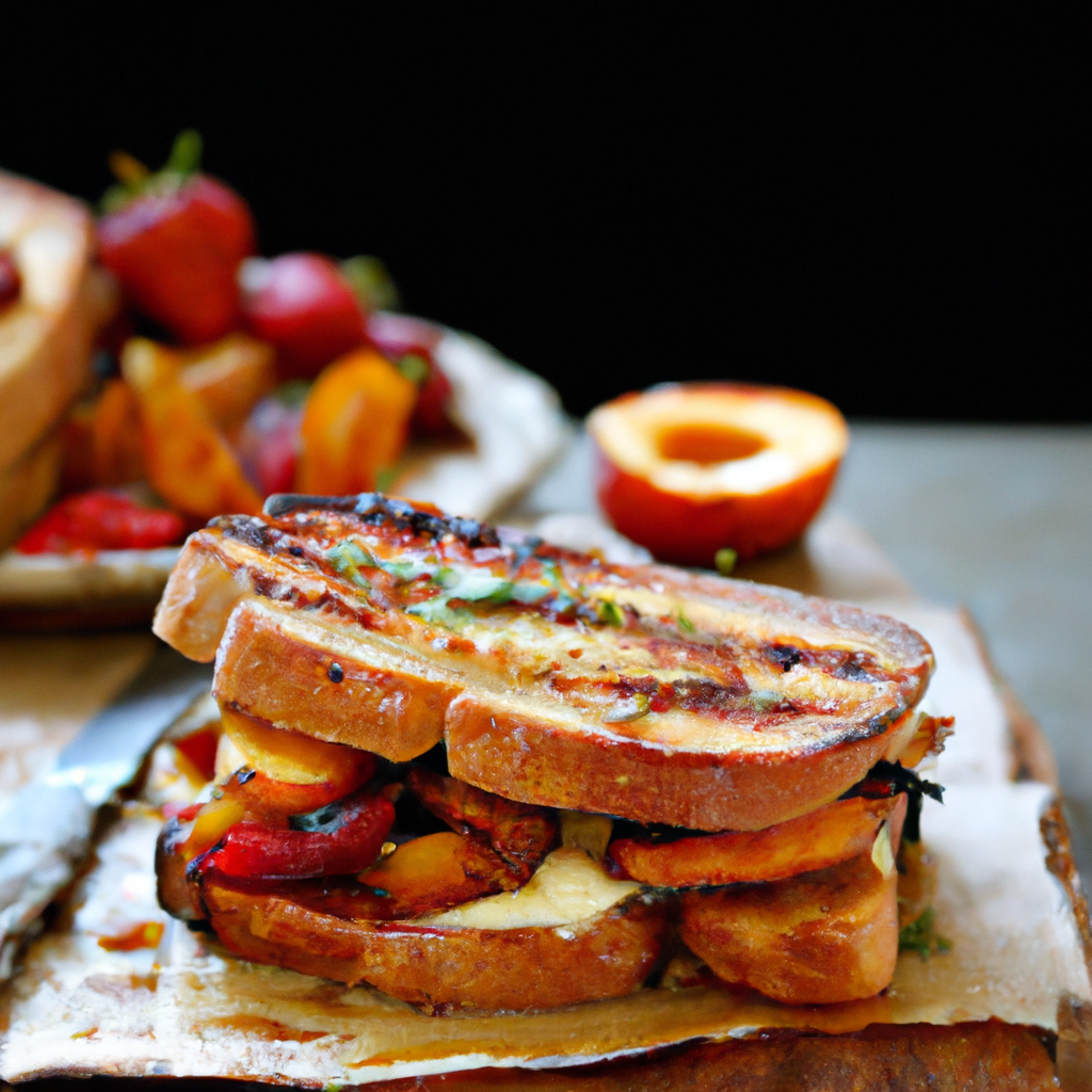 Our Caramelized Peach and Roasted Strawberry Grilled Brie Sandwich, the result of the listed recipe.