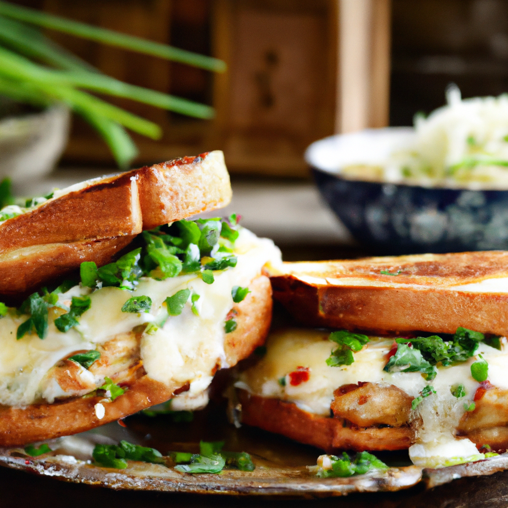 Grilled Chicken Parm Sandwich with Basil-Pecorino Sauce and Chive Garnish