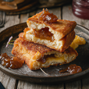 Our Fried Monte Cristo Sandwich with Apple Jam, the result of the listed recipe.