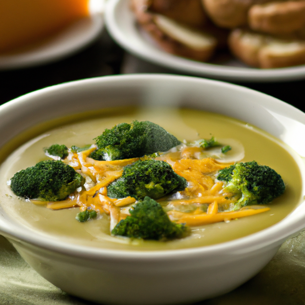 Our Creamy Broccoli Cheddar Soup, the result of the listed recipe.
