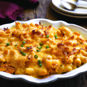Our Buffalo Mac 'n' Cheese Bake Fiesta, the result of the listed recipe.