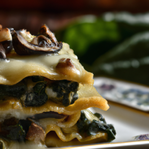Our Creamy Mushroom & Spinach Lasagna, the result of the listed recipe.