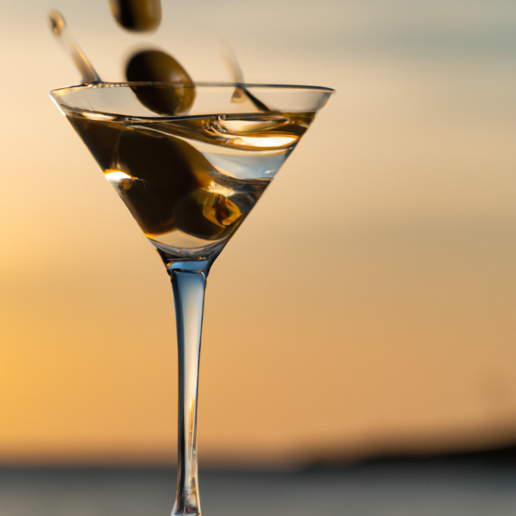 Our Dry Gin Martini with Olives, the result of the listed recipe.