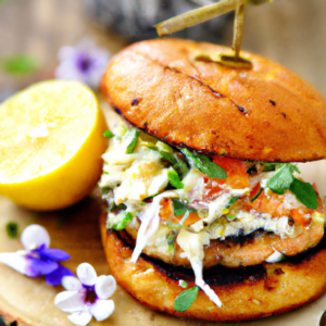 Our Grilled Salmon Burger Sandwich with Citrus Slaw and Creamy Horseradish Mayo, the result of the listed recipe.