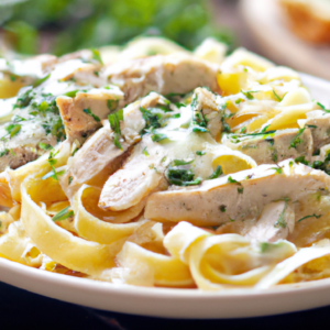 Our Cheesy Chicken Alfredo, the result of the listed recipe.