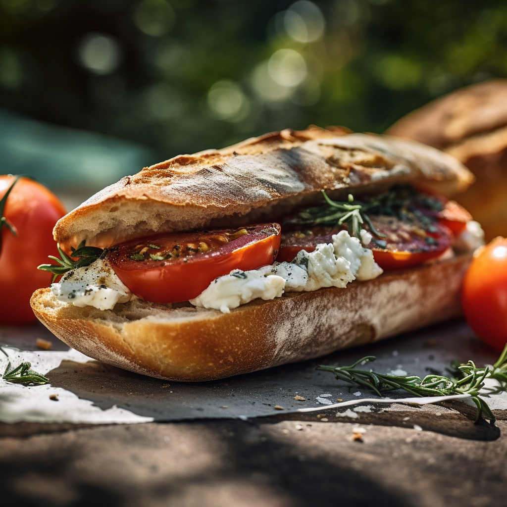 Our Grilled Tomato, Chèvre & Thyme Baguette Sandwich, the result of the listed recipe.