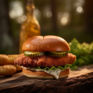 Our "Spicy Fried Fish Sandwich with Creamy Sweet Dill Sauce and Pickles", the result of the listed recipe.