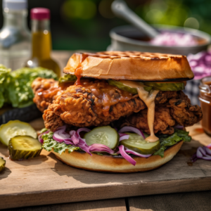 Our "Buffalo Fried Chicken & Waffle Sandwich with Hot Honey", the result of the listed recipe.
