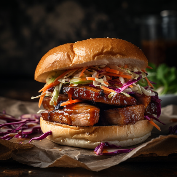 Our Sweet & Spicy BBQ Pork Belly Sandwich with Asian Slaw, the result of the listed recipe.