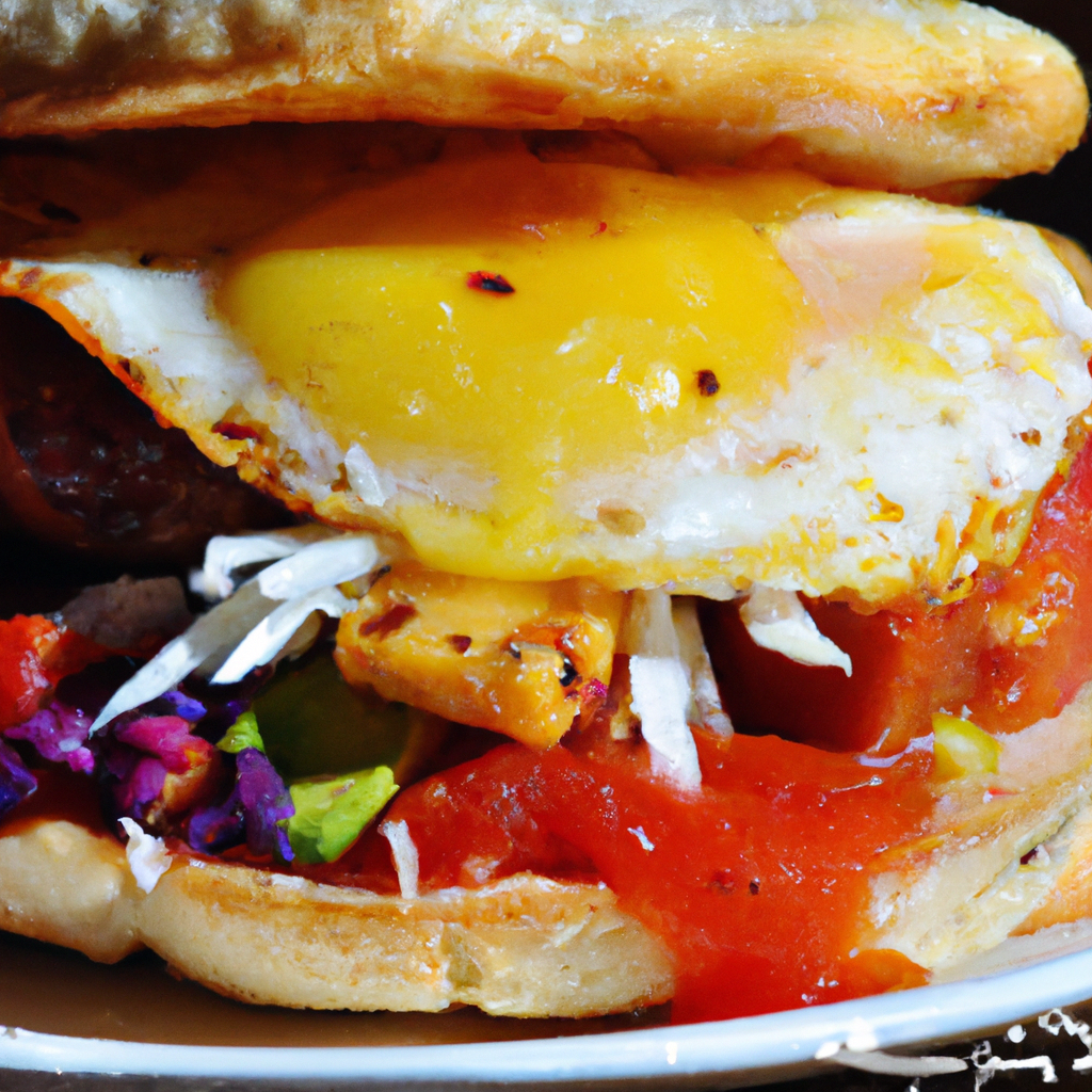 Our Grilled Huevos Rancheros Breakfast Sandwich, the result of the listed recipe.