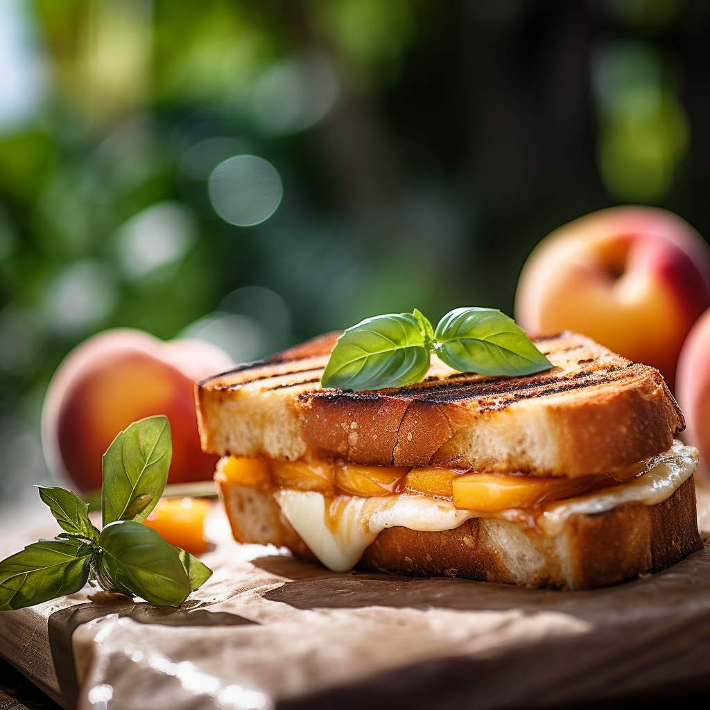Our "Grilled Fire Roasted Bourbon Peach and Brie Sandwich on Sourdough Bread", the result of the listed recipe.