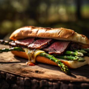 Our "Smoked Venison and Grilled Asparagus Sandwich with Bold Flavors Recipe", the result of the listed recipe.