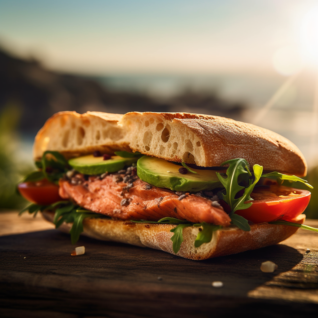 Our "Grilled Salmon Sandwich on Lemon Tarragon Focaccia", the result of the listed recipe.