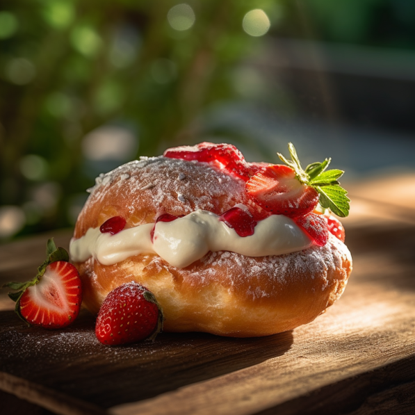 Our Strawberry Shortcake Donuts, the result of the listed recipe.