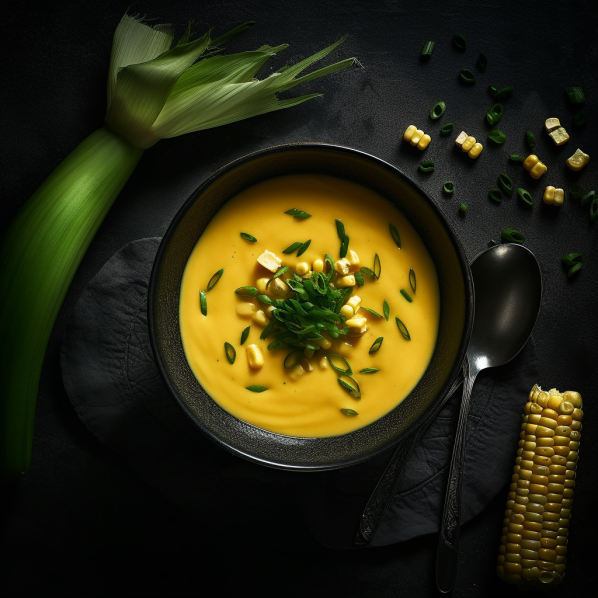 Our Roasted Corn and Leek Chowder, the result of the listed recipe.
