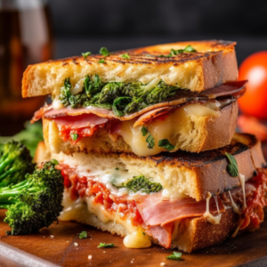 Our "Charred Broccolini and Prosciutto Sandwich with Ricotta and Red Pepper Cream Sauce", the result of the listed recipe.