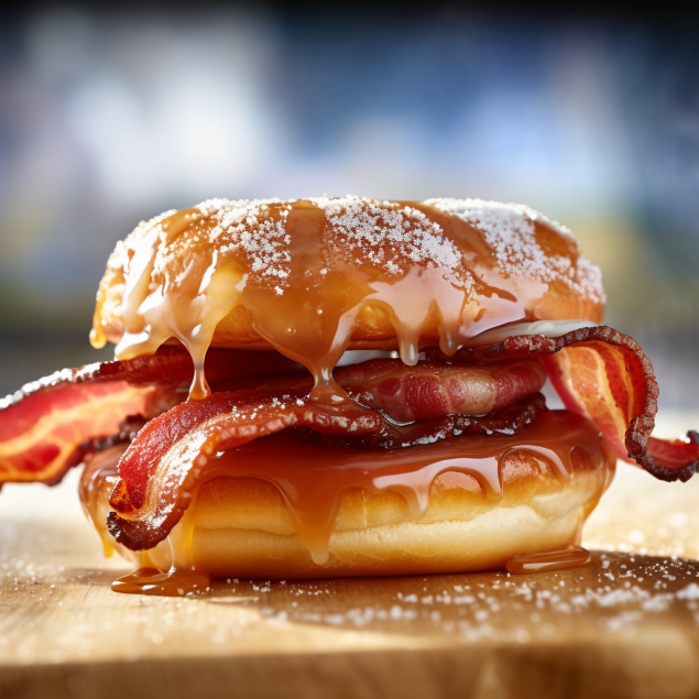 Our "Maple Bacon Breakfast Sandwich on a Sour Cream Glazed Donut with Icing Sugar", the result of the listed recipe.