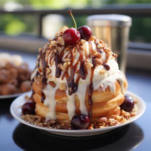 Our Bacon Cinnamon Roll Ice Cream Sundae, the result of the listed recipe.
