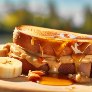 Our "Grilled Peanut Butter, Spicy Honey, and Banana Sandwich", the result of the listed recipe.