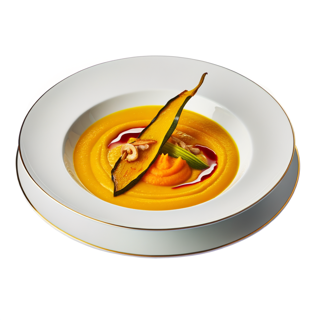 A finished example of my Roasted Squash Soup with Carrot Puree recipe.